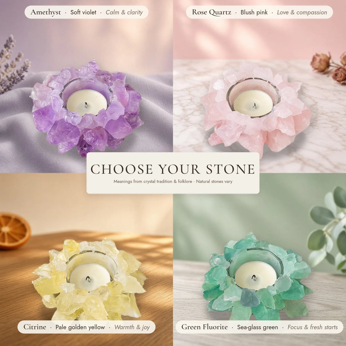 The Crystal Bloom Tea-Light Holder — Raw Natural Crystal Candle Holder