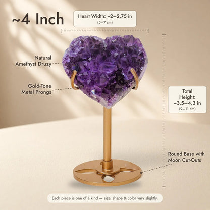 The Amethyst Heart — Natural Druzy Crystal on a Gold Moon Stand