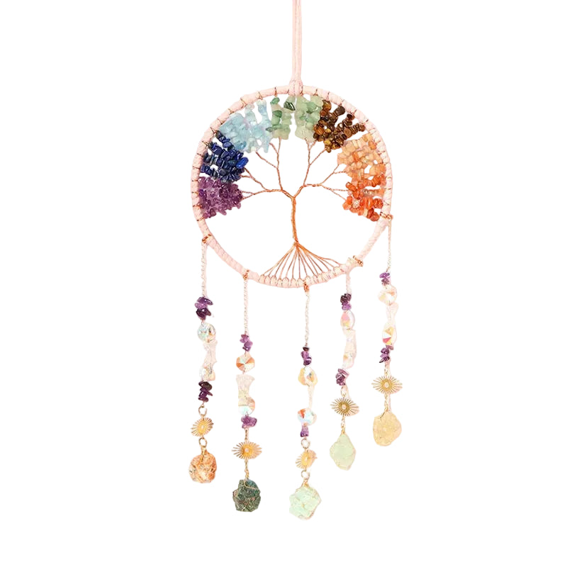 7 chakra tree of life dream catcher with rainbow gemstone chips, copper wire, aurora crystal beads and raw stone pendants on white background
