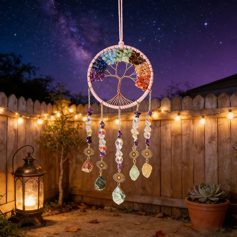 Boho 7 chakra dream catcher suncatcher hanging near window with soft light, handmade spiritual home decor gift for women, crystal healing wall ornament
