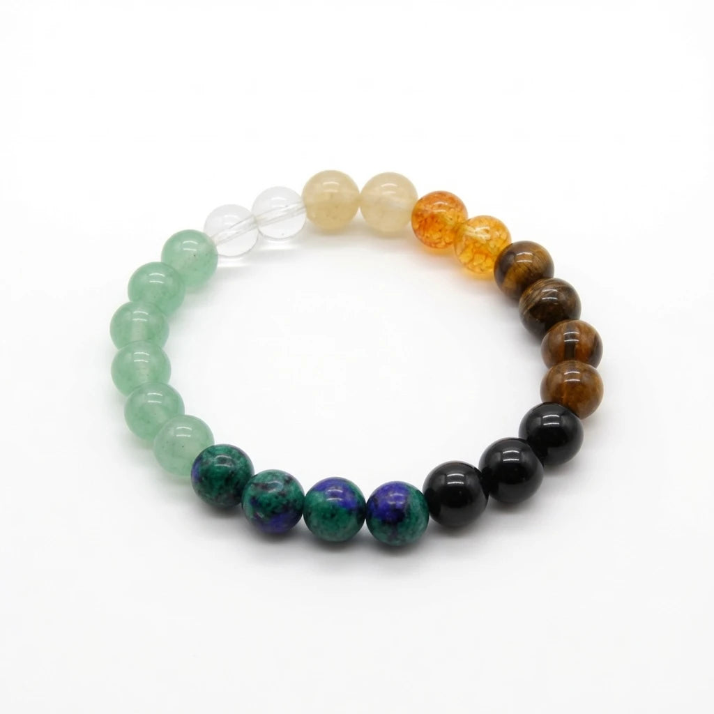 7-color multi-stone bracelet with green aventurine, citrine, amethyst and tiger's eye beads, flat lay