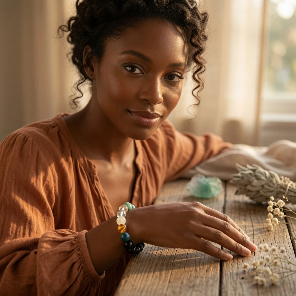 Woman wearing a colorful multi-stone crystal bracelet on her wrist