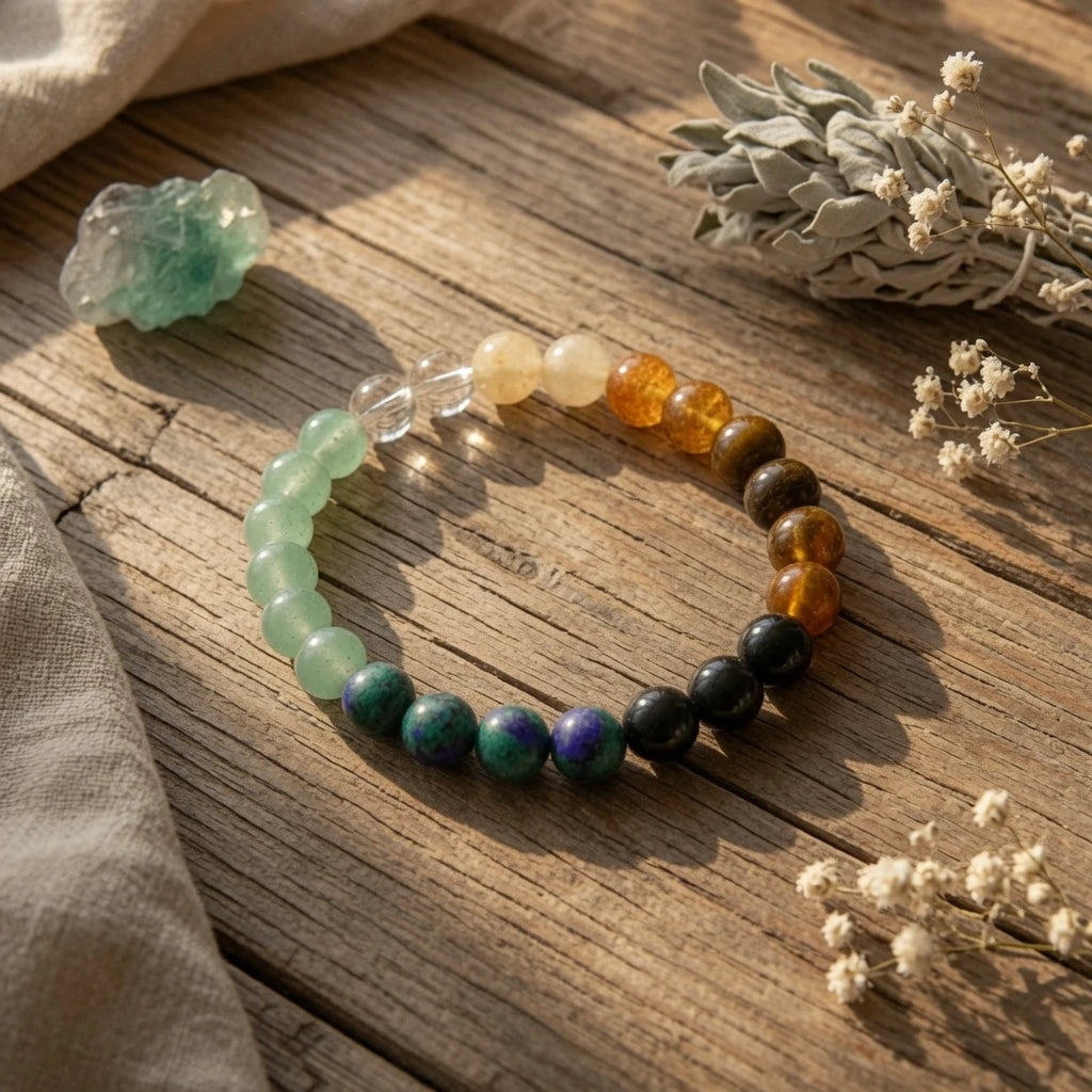 Close-up of green aventurine, citrine, amethyst, tiger's eye and green fluorite beads