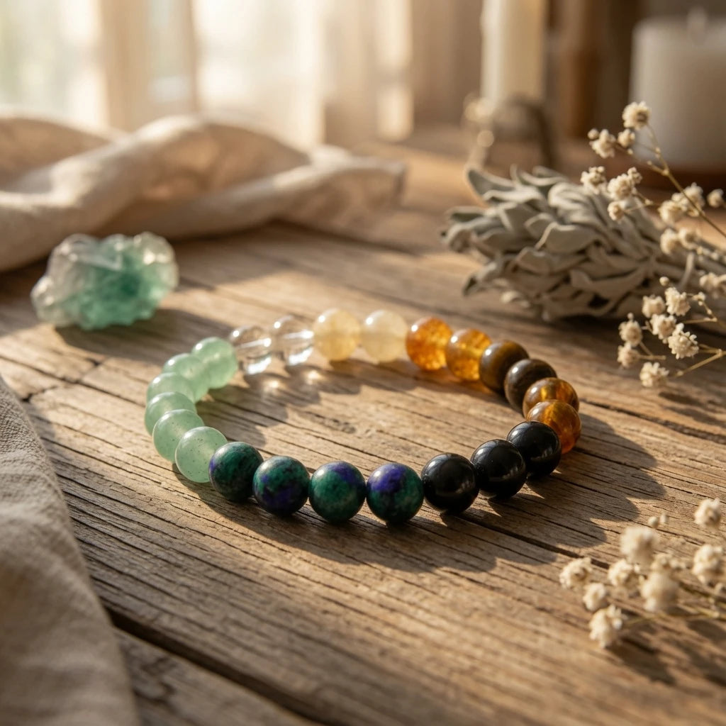 Multi-stone crystal bracelet showing 8mm bead size and elastic fit