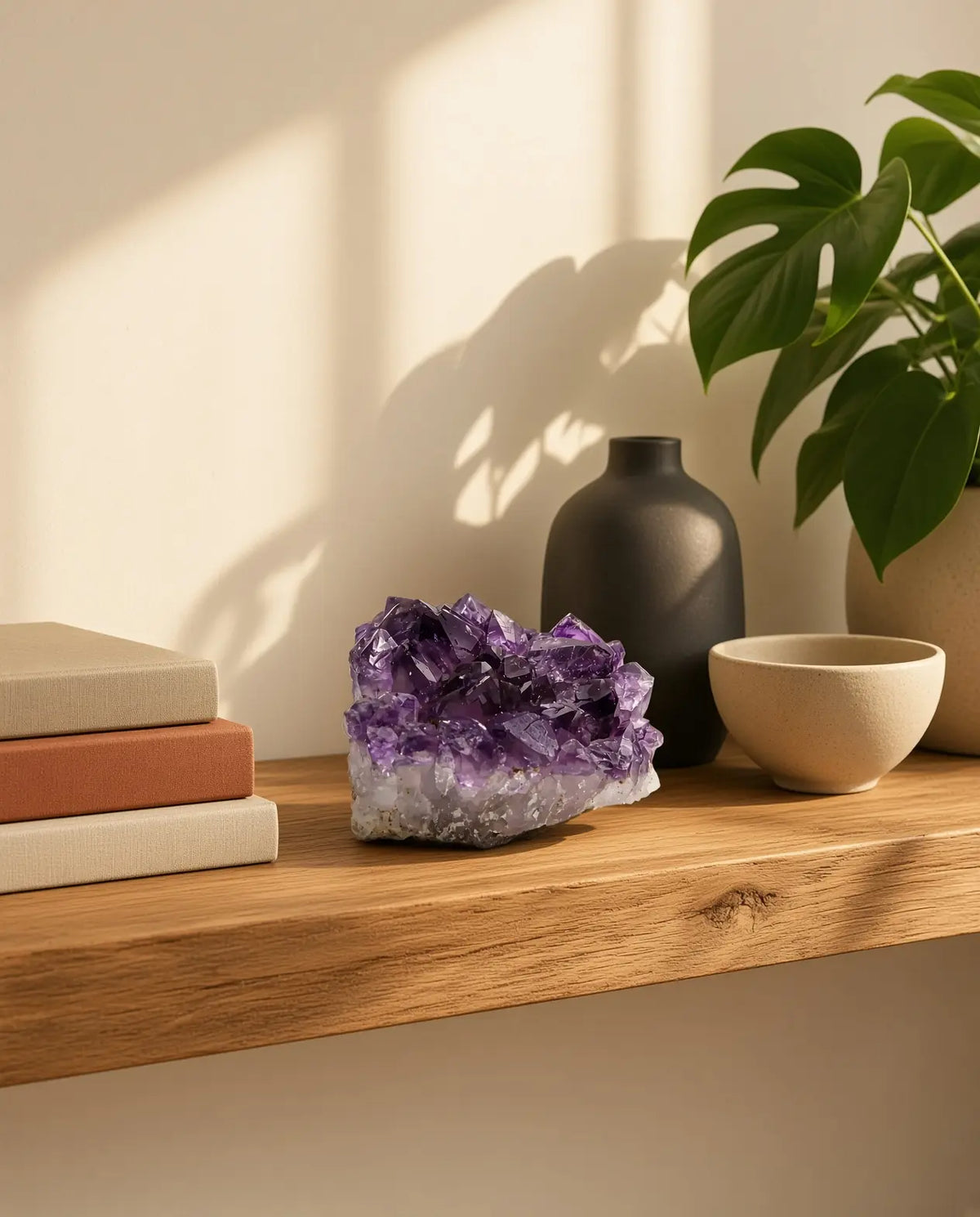 Amethyst crystal cluster on a wooden shelf with books and ceramics