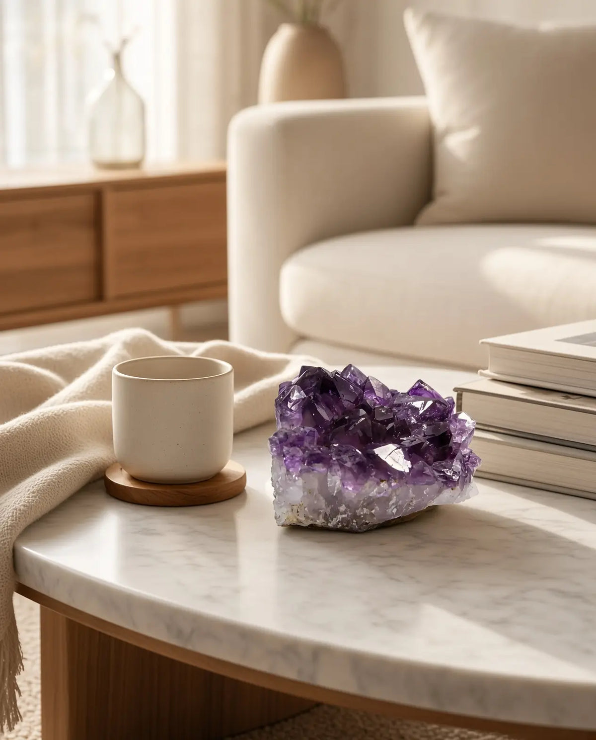 Amethyst crystal cluster on a living room coffee table