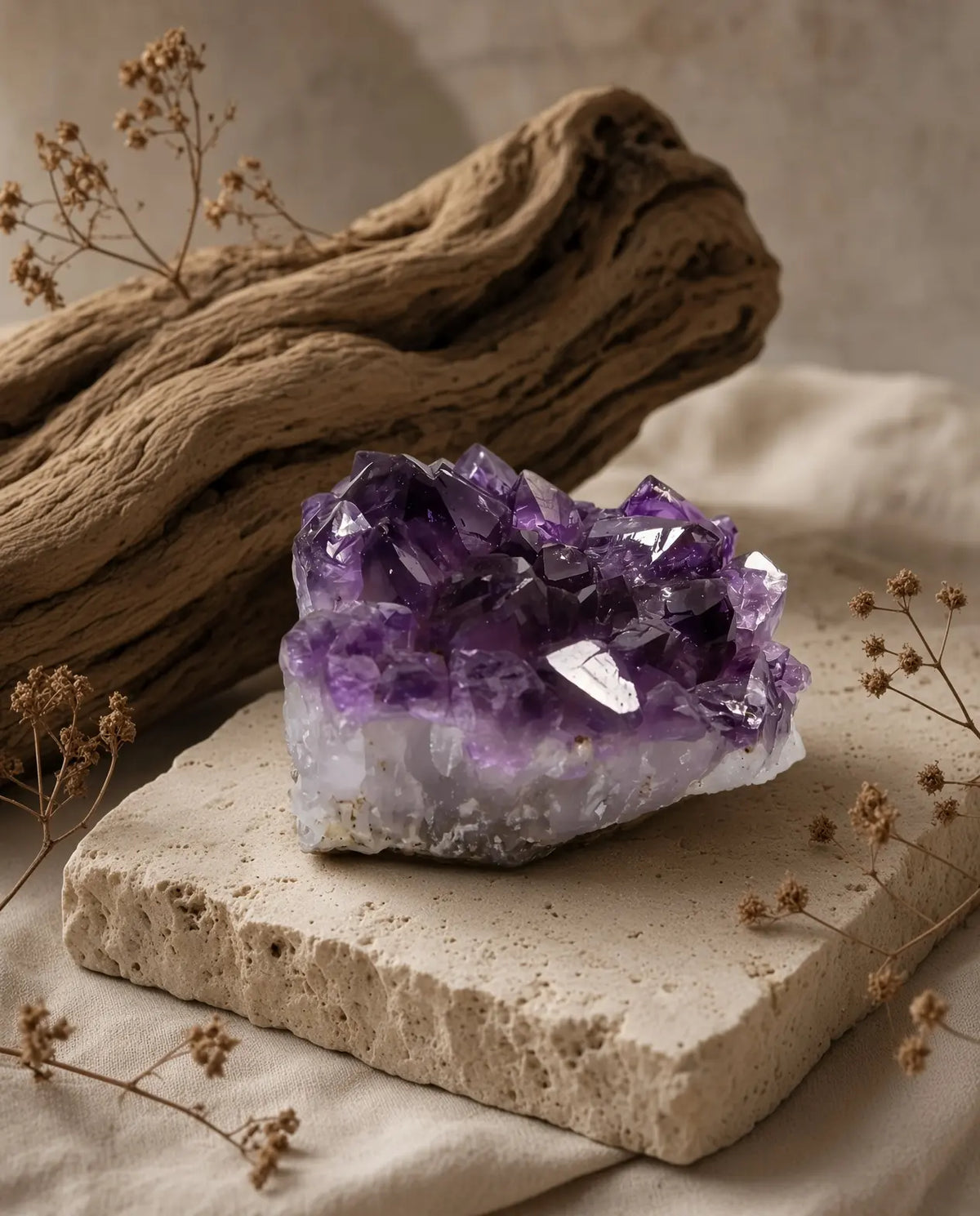 Amethyst crystal cluster styled with driftwood and dried botanicals