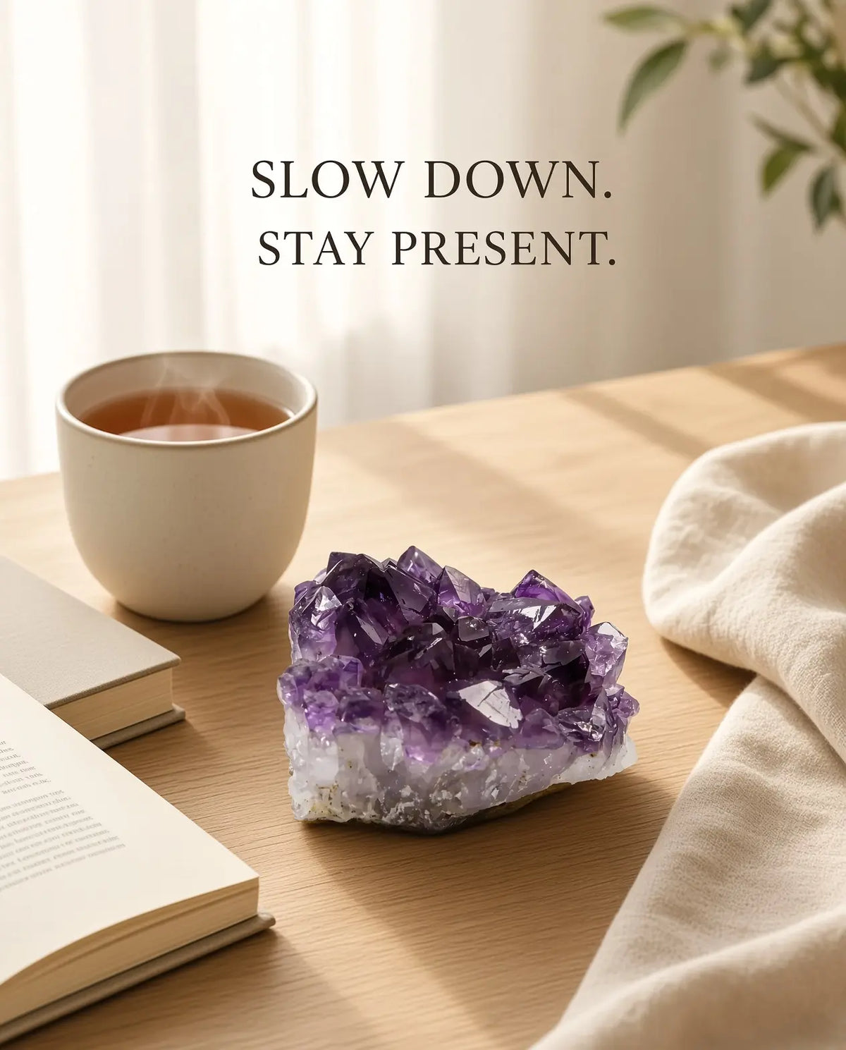 Amethyst crystal cluster styled with tea and a book on a wooden table