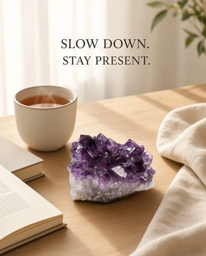 Amethyst crystal cluster styled with tea and a book on a wooden table