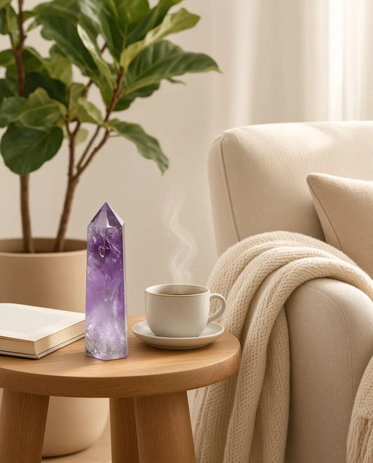 Obsidian crystal tower on a wooden console with bowl and greenery