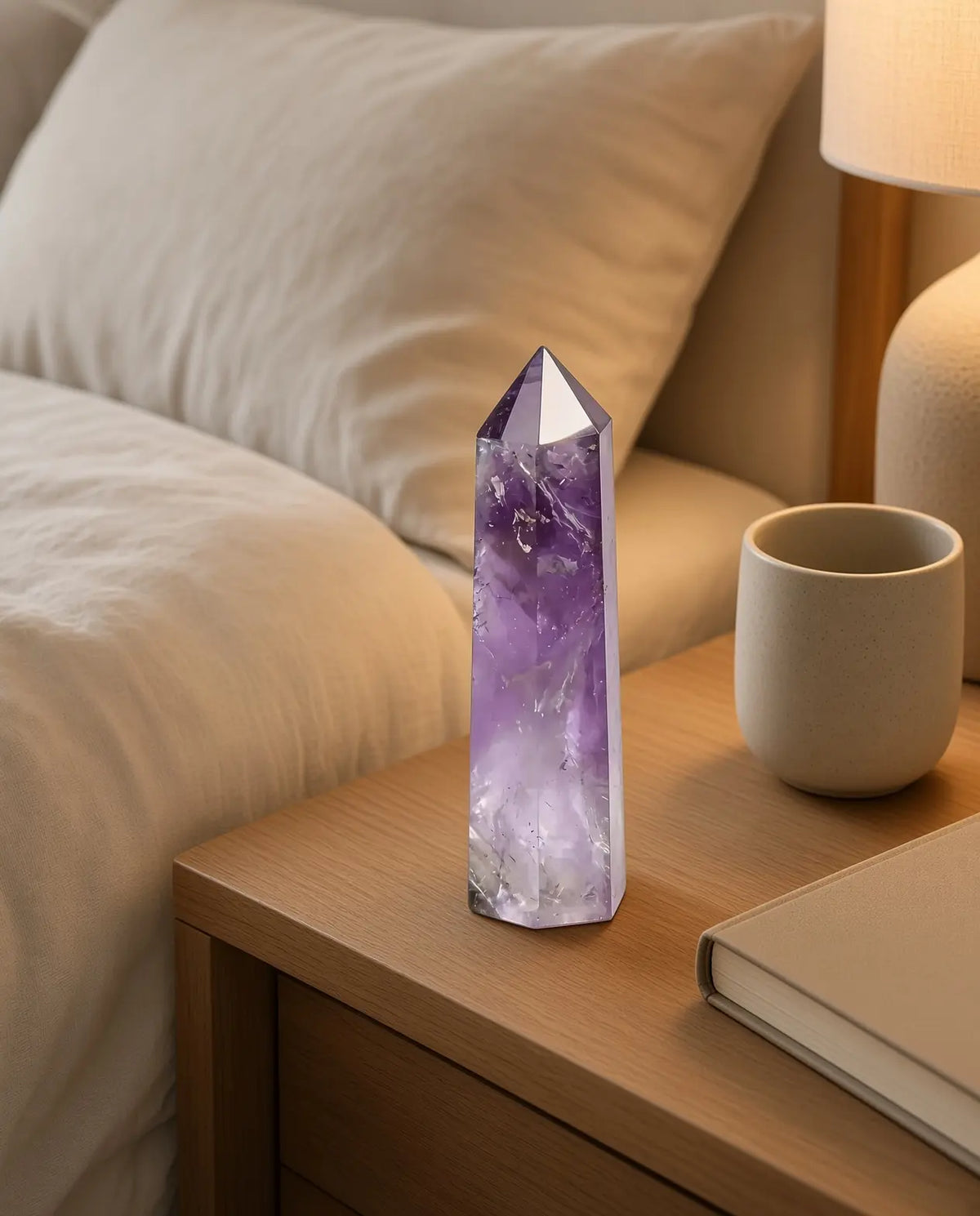Obsidian crystal tower on a workspace desk with laptop and notebook