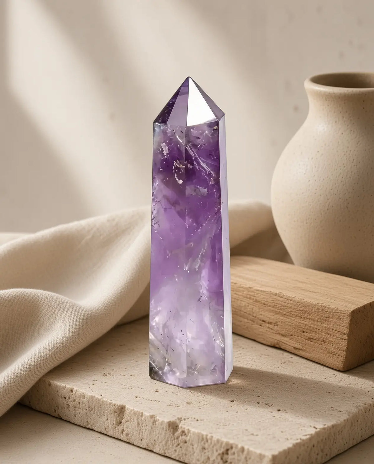Obsidian crystal tower on stone styled with linen and natural rock