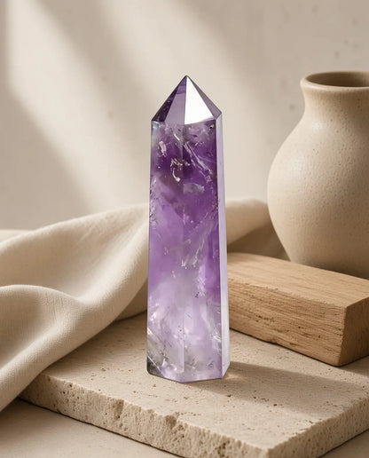 Obsidian crystal tower on stone styled with linen and natural rock