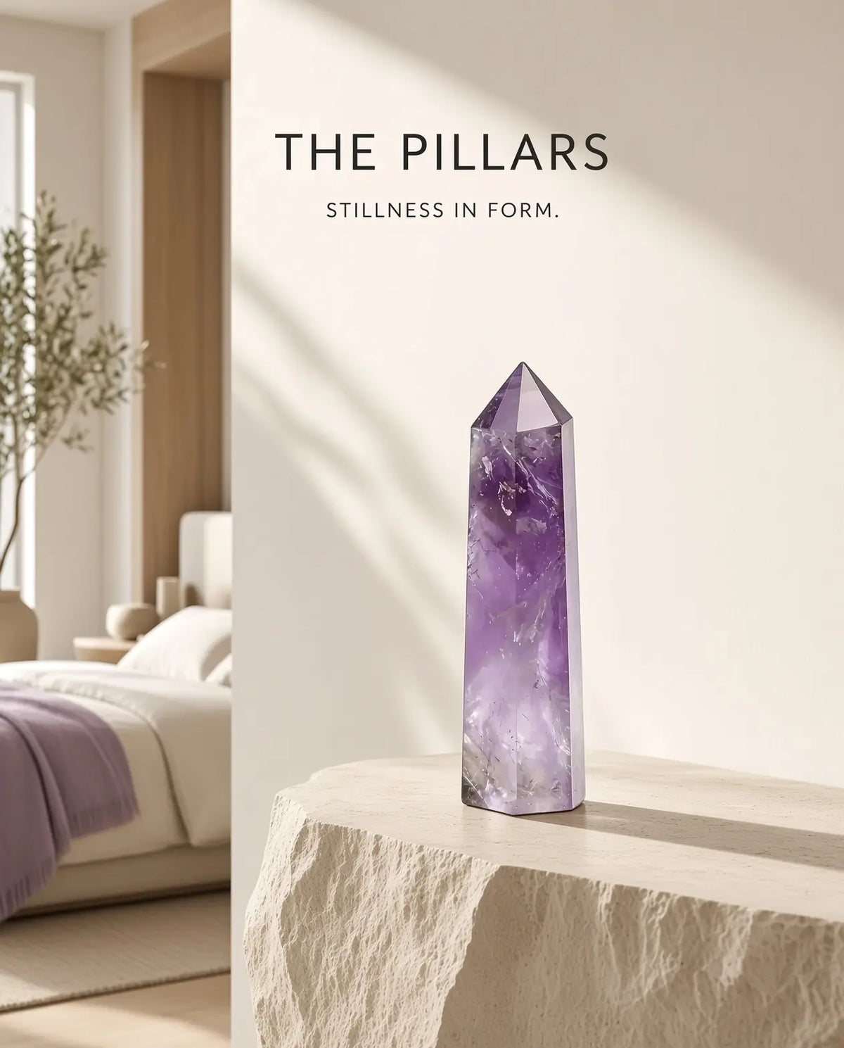 Obsidian crystal tower on a stone table with “The Pillars” brand text