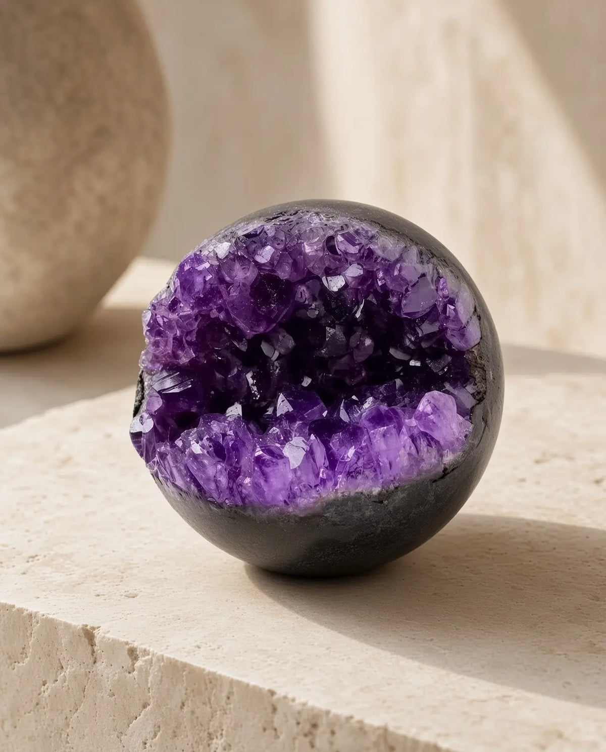 Amethyst geode sphere displayed on a stone pedestal