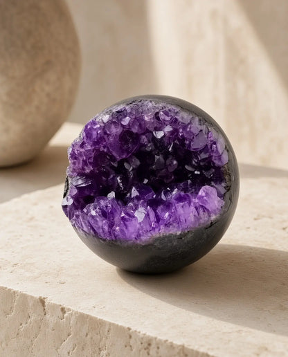 Amethyst geode sphere displayed on a stone pedestal
