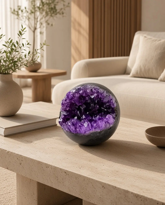 Amethyst geode sphere on a living room coffee table