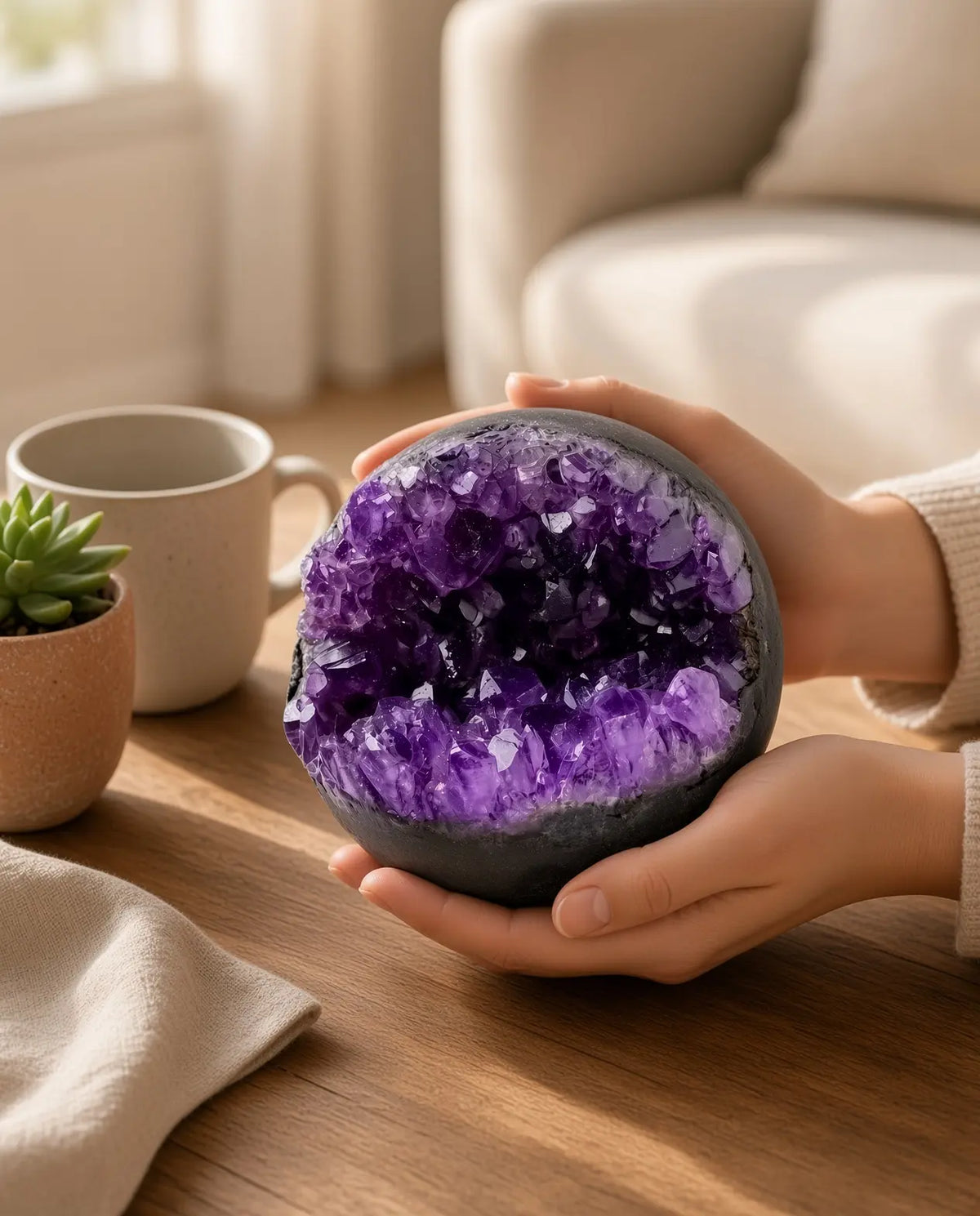Hands holding an amethyst geode sphere on a wooden table
