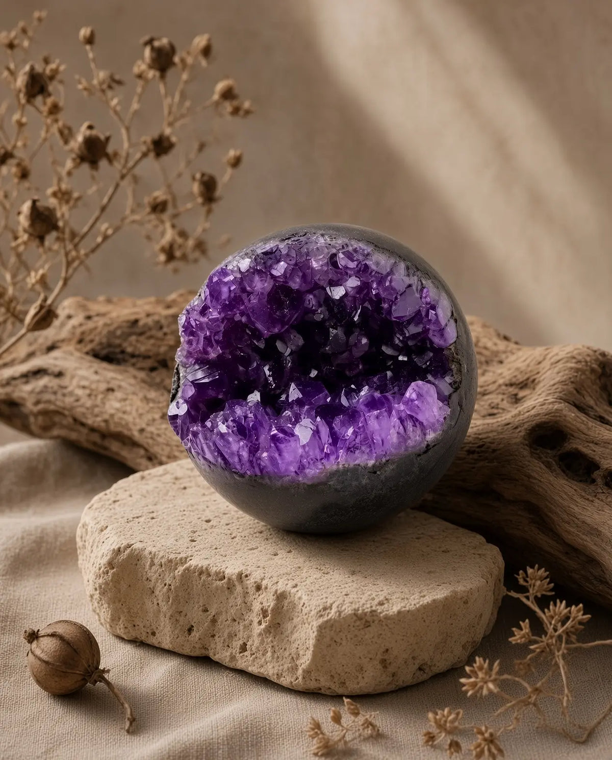 Amethyst geode sphere styled with driftwood and dried flowers