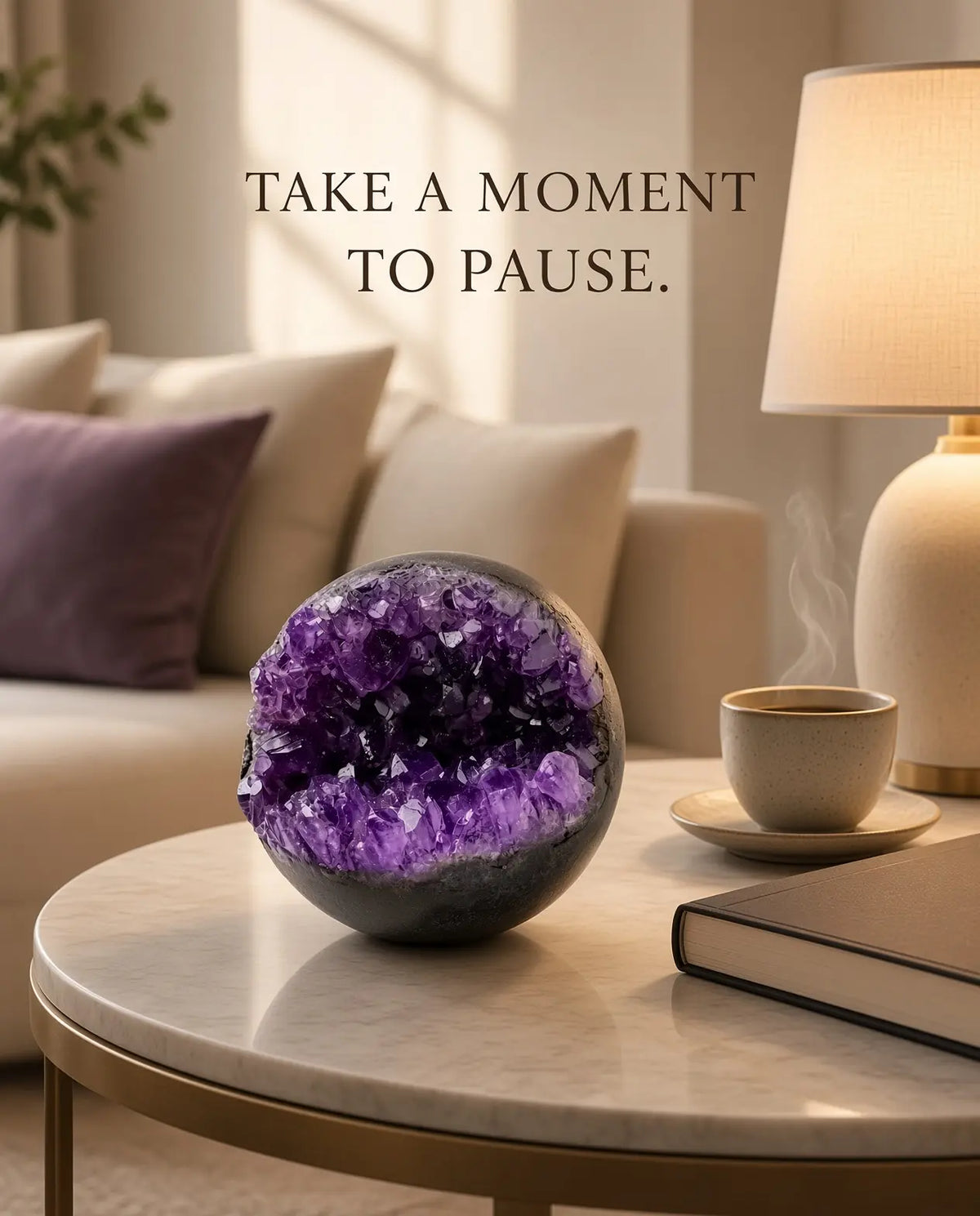 Amethyst geode sphere styled with tea and lamp on a side table