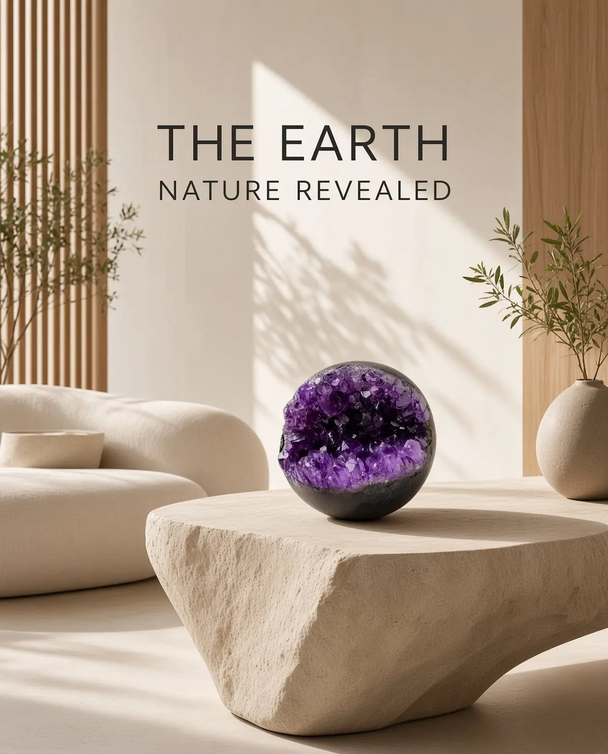 Amethyst geode sphere on a stone table with “The Earth” brand text