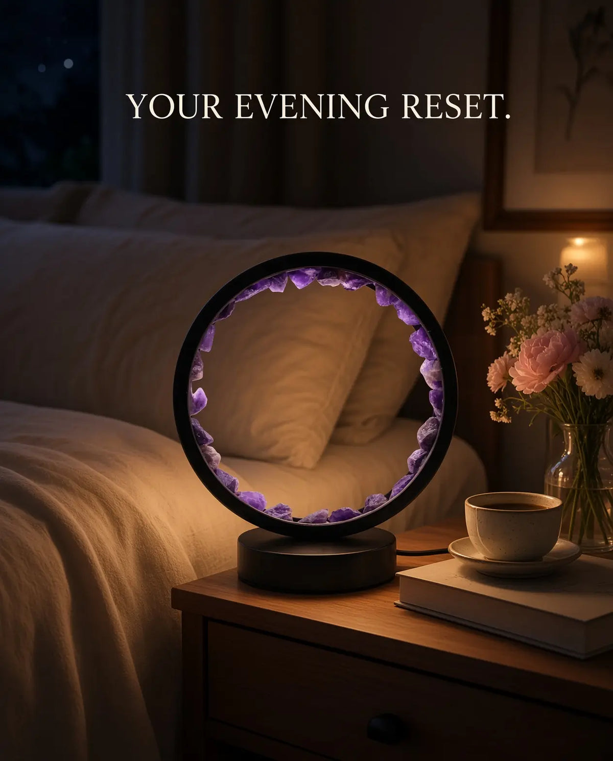 Amethyst glow lamp on a nightstand for evening reset