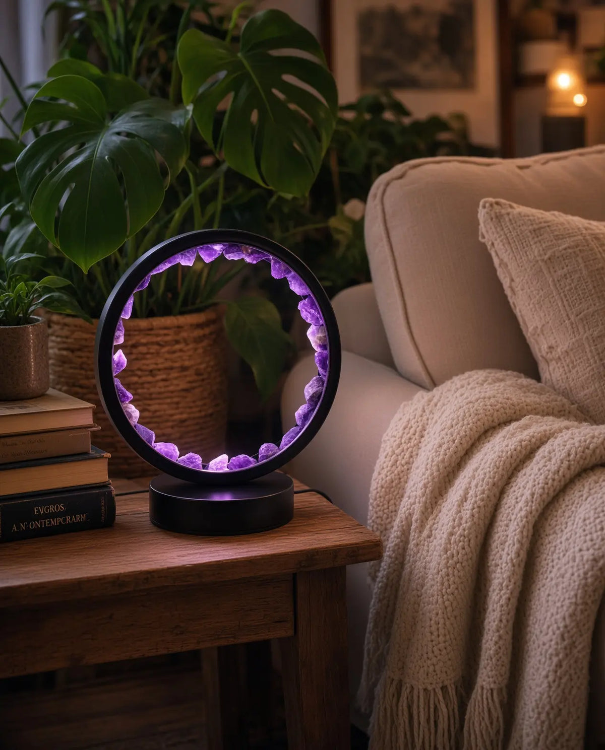 Amethyst glow lamp glowing on a living room side table
