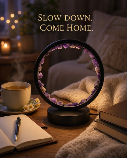 Amethyst glow lamp styled with tea and a journal
