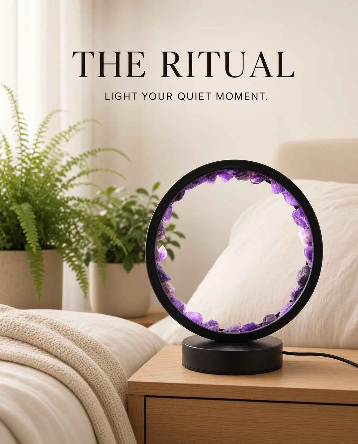 Amethyst glow lamp on a bedroom nightstand