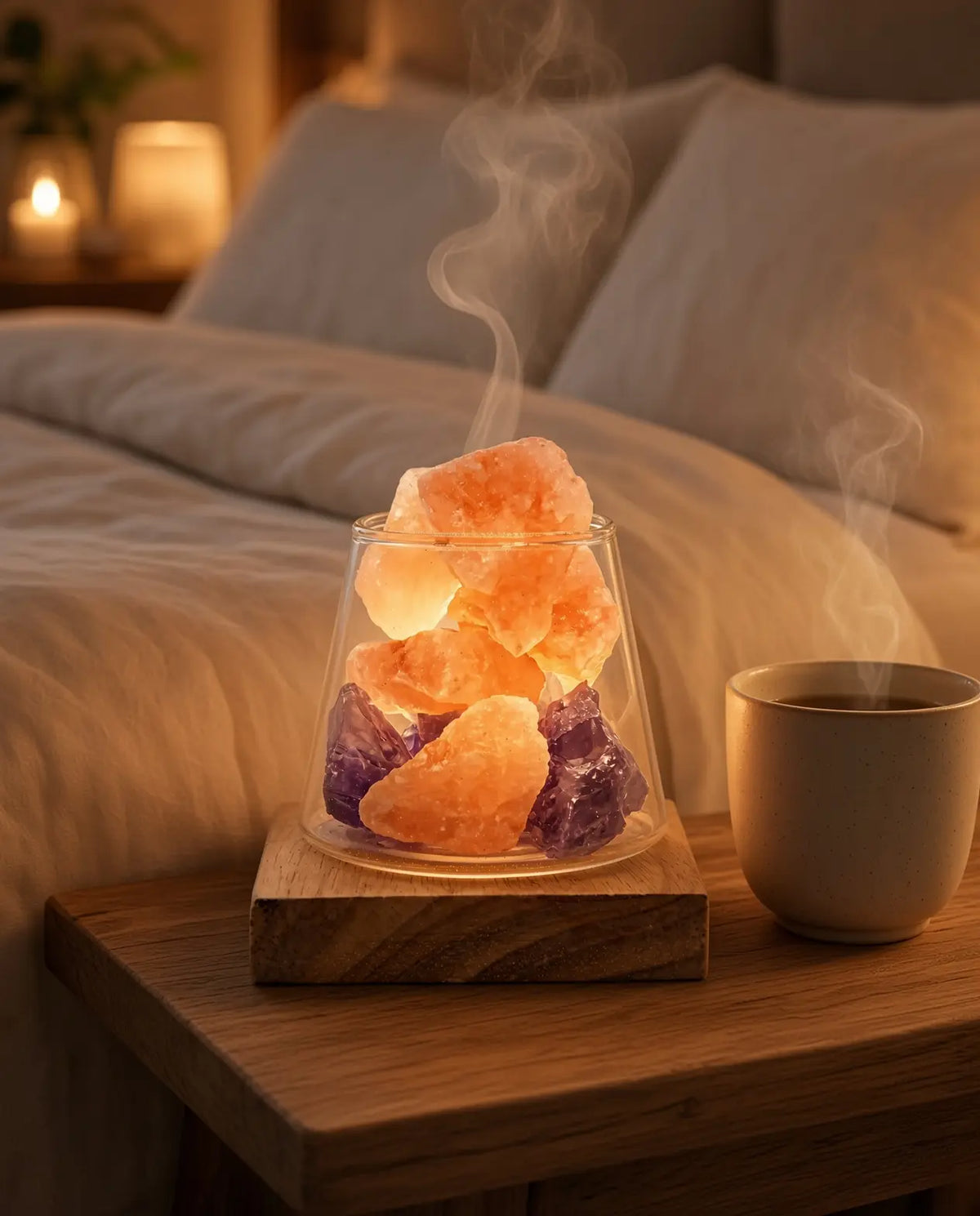 Amethyst and Himalayan salt aroma lamp on a nightstand with tea