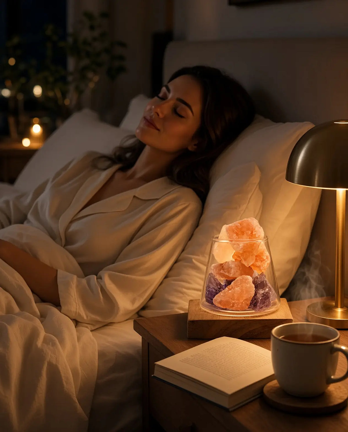 Amethyst and Himalayan salt aroma lamp glowing on a bedroom nightstand