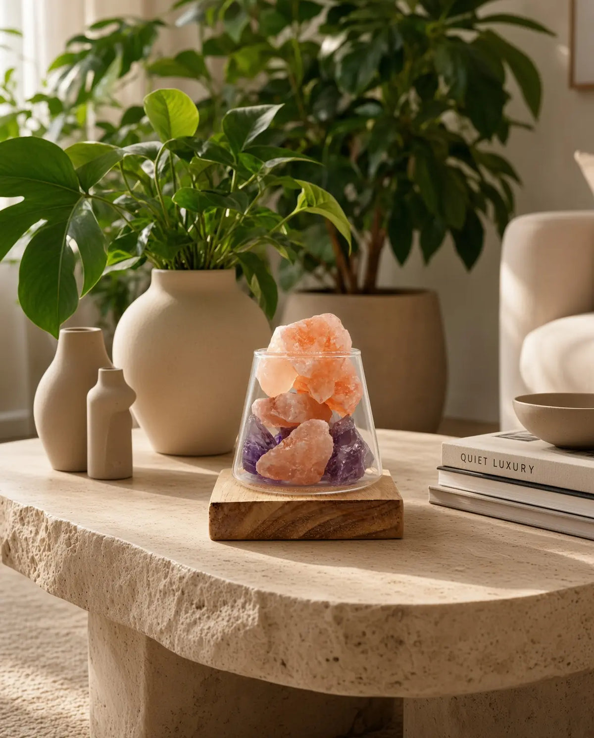 Amethyst and Himalayan salt aroma lamp on a living room coffee table