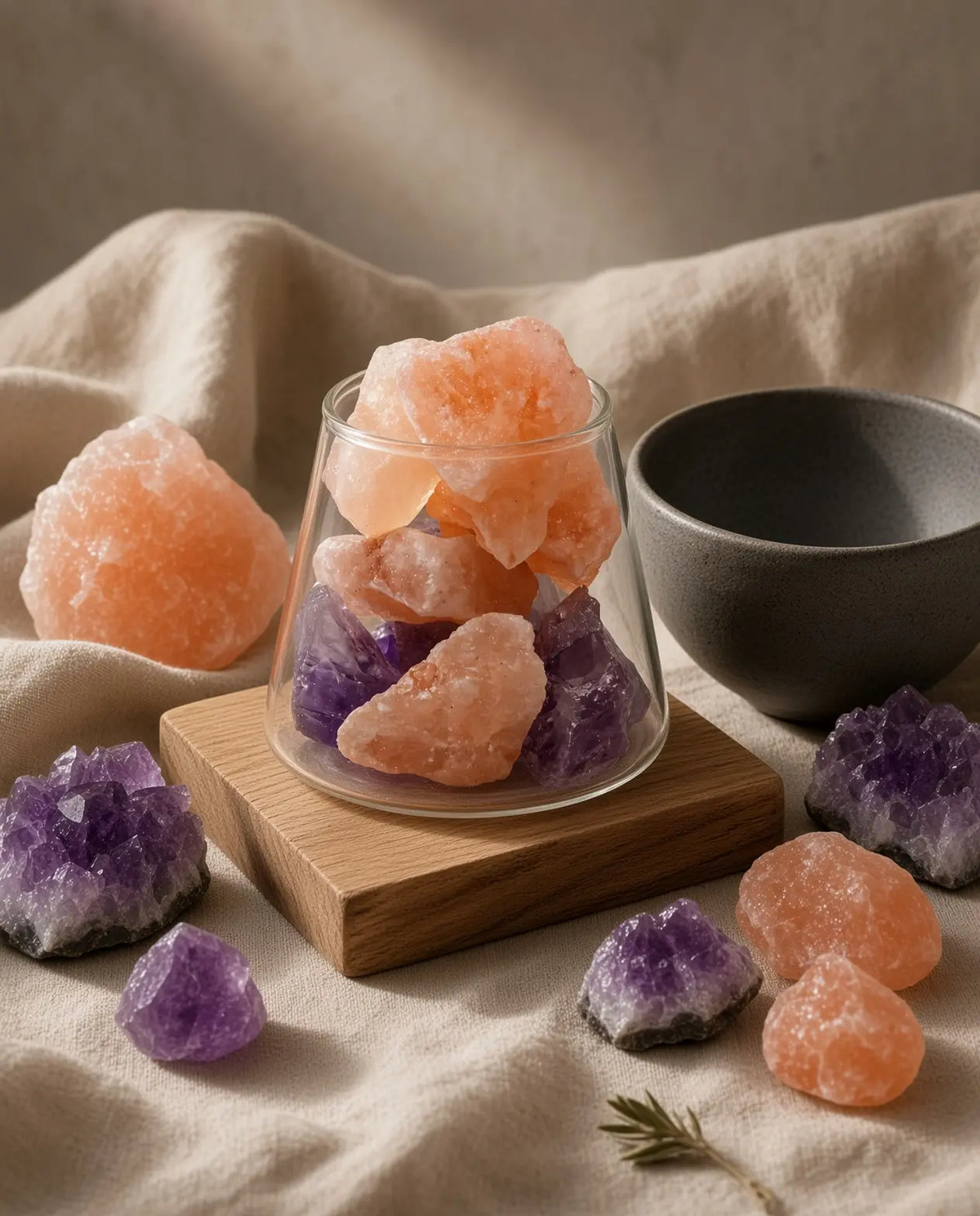Amethyst and Himalayan salt aroma lamp styled with loose crystals and linen