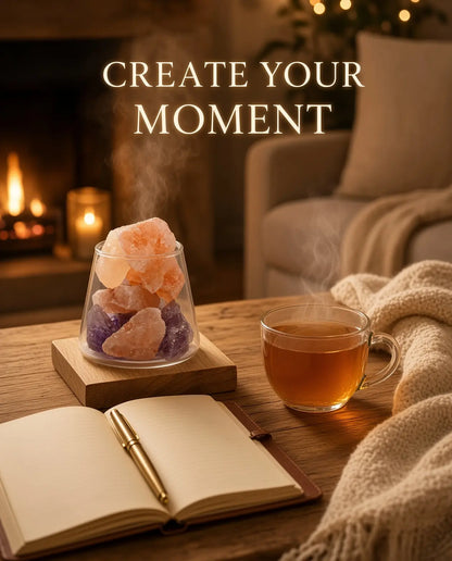 Amethyst and Himalayan salt aroma lamp styled with tea and journal by the fire