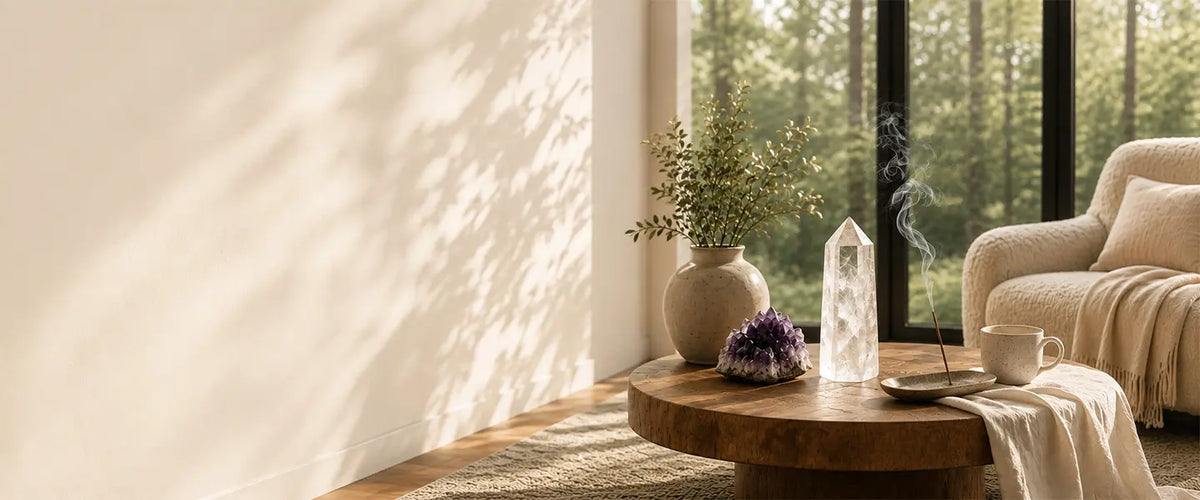 Sunlit living room coffee table with a clear quartz tower, amethyst cluster, incense smoke, tea and a ceramic vase of greenery beside a textured armchair and forest window