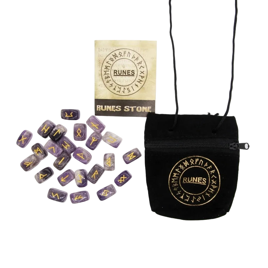 All 25 natural amethyst rune stones arranged in rows showing gold-painted Elder Futhark runic alphabet symbols on polished purple crystal, complete Norse divination set