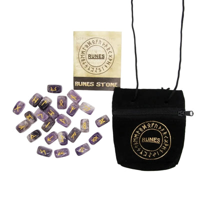 All 25 natural amethyst rune stones arranged in rows showing gold-painted Elder Futhark runic alphabet symbols on polished purple crystal, complete Norse divination set