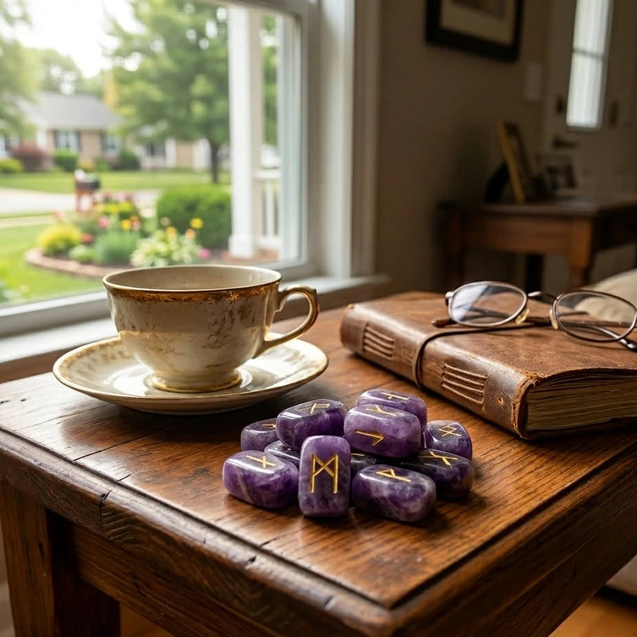 Amethyst rune stones arranged on dark altar cloth beside white candle and sage bundle for Norse divination reading, Wiccan and Pagan ritual crystal tools flat lay