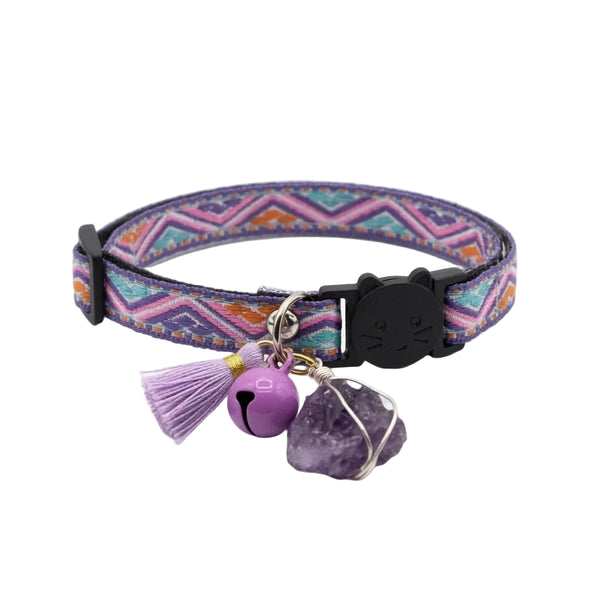 Amethyst boho cat collar with raw stone charm, tassel and bell
