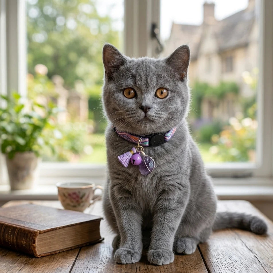 Cat wearing a bohemian amethyst crystal breakaway collar