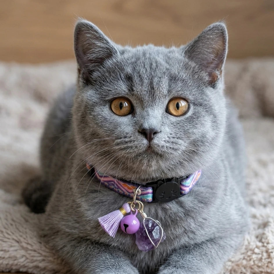 Bohemian amethyst crystal cat collar in gift box with healing crystal meaning card explaining amethyst calming properties for cats, meaningful cat mom birthday or holiday gift