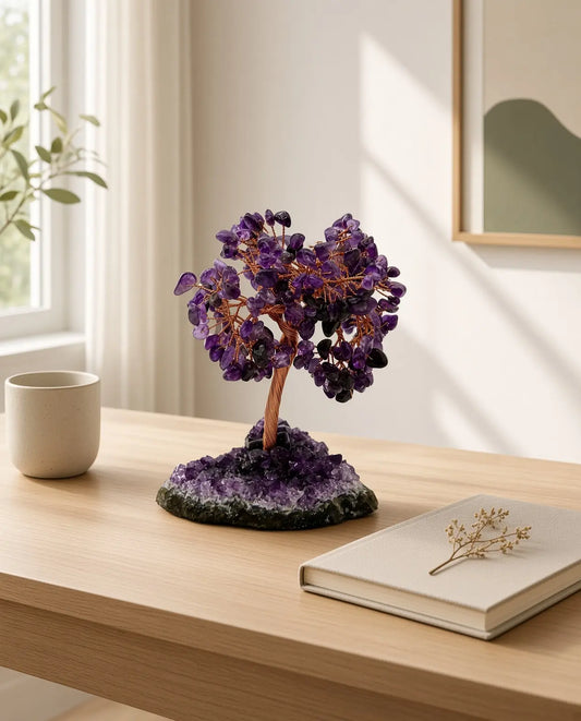 Amethyst crystal tree on a sunlit wooden desk with mug and notebook