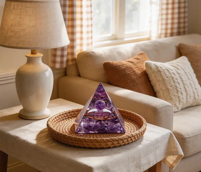 Amethyst orgonite pyramid crystal decor in a cozy boho living room