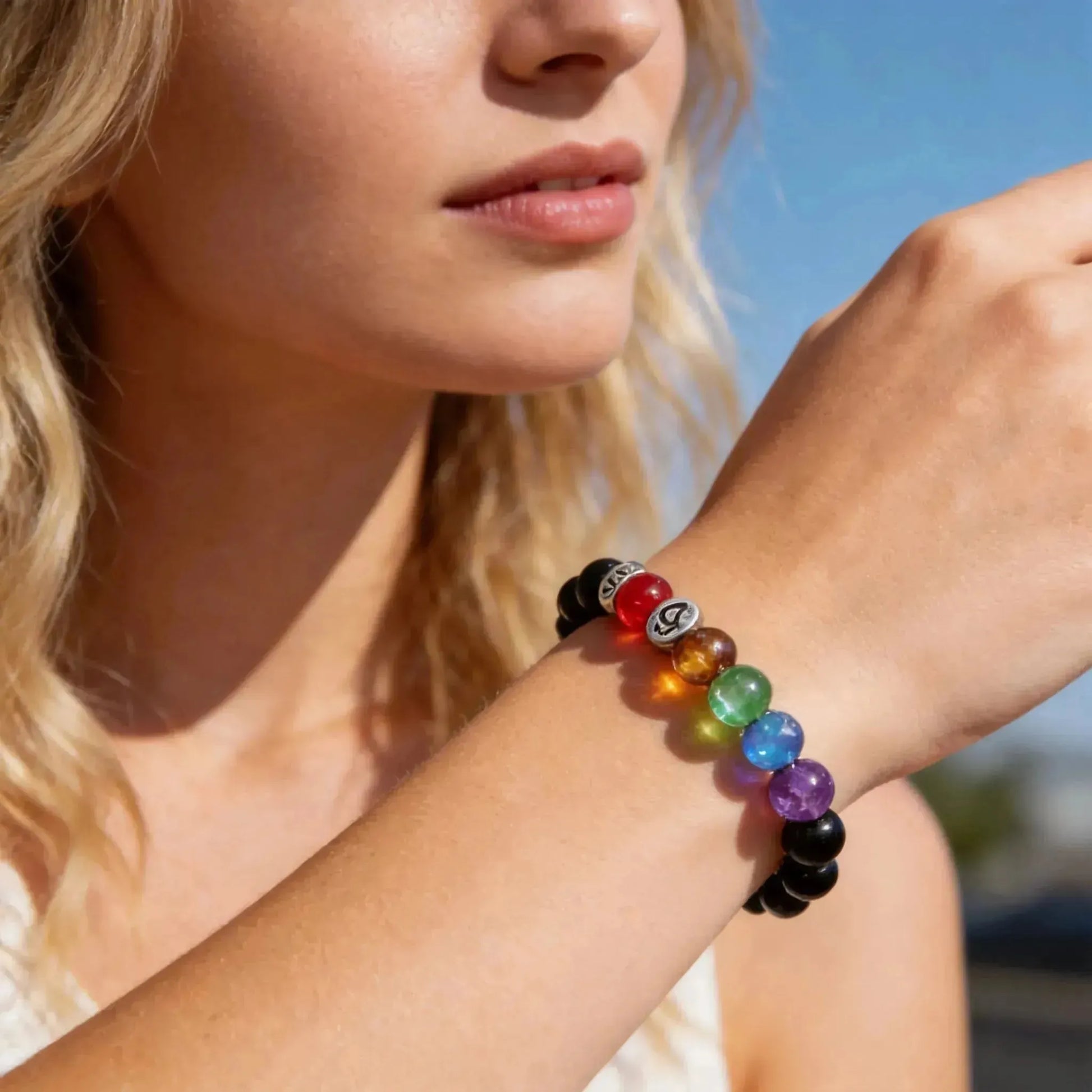 CHIROVE Natural 7 Chakra Black Onyx Bracelet | Om Mantra Healing Jewelry for Yoga - ChiGrove