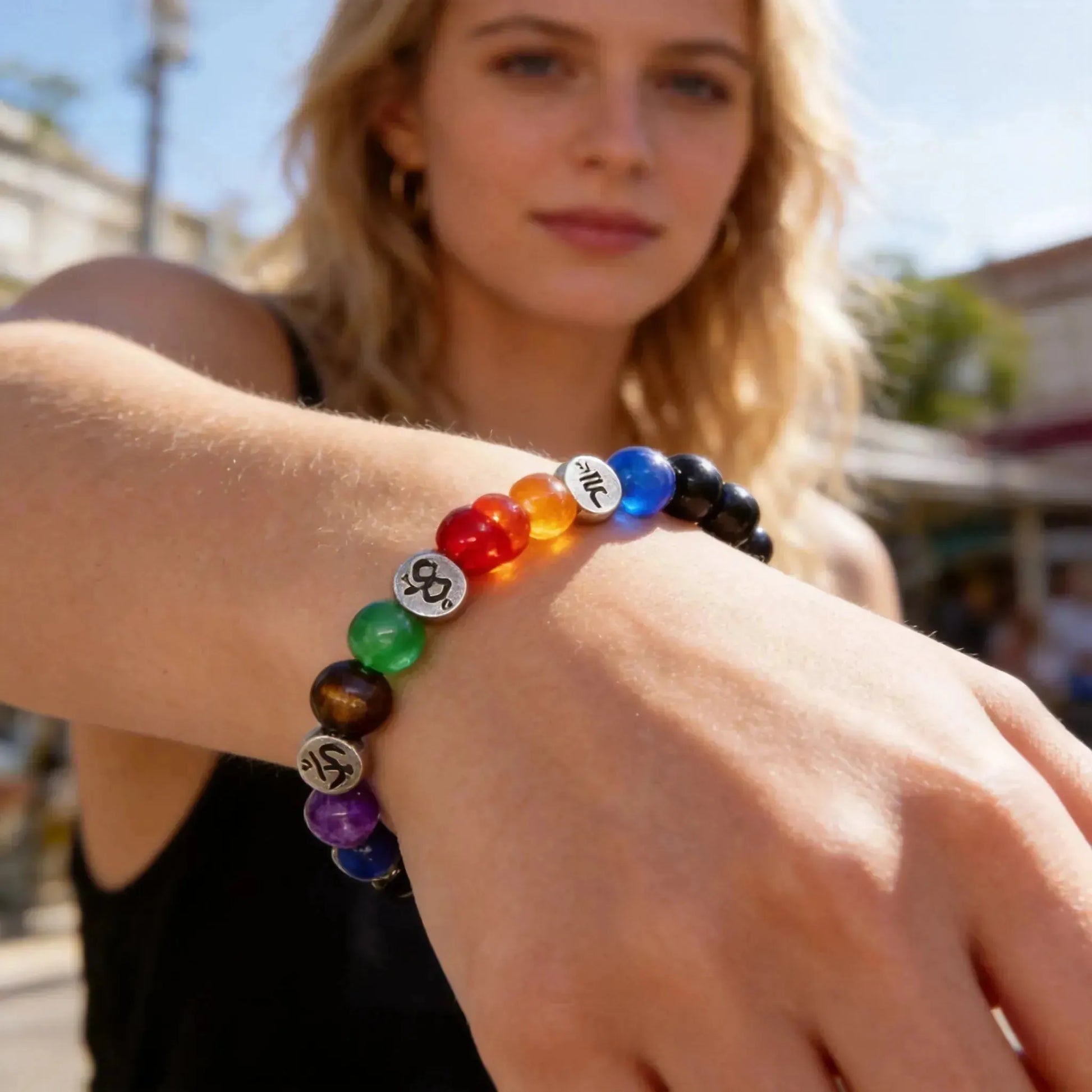 CHIROVE Natural 7 Chakra Black Onyx Bracelet | Om Mantra Healing Jewelry for Yoga - ChiGrove
