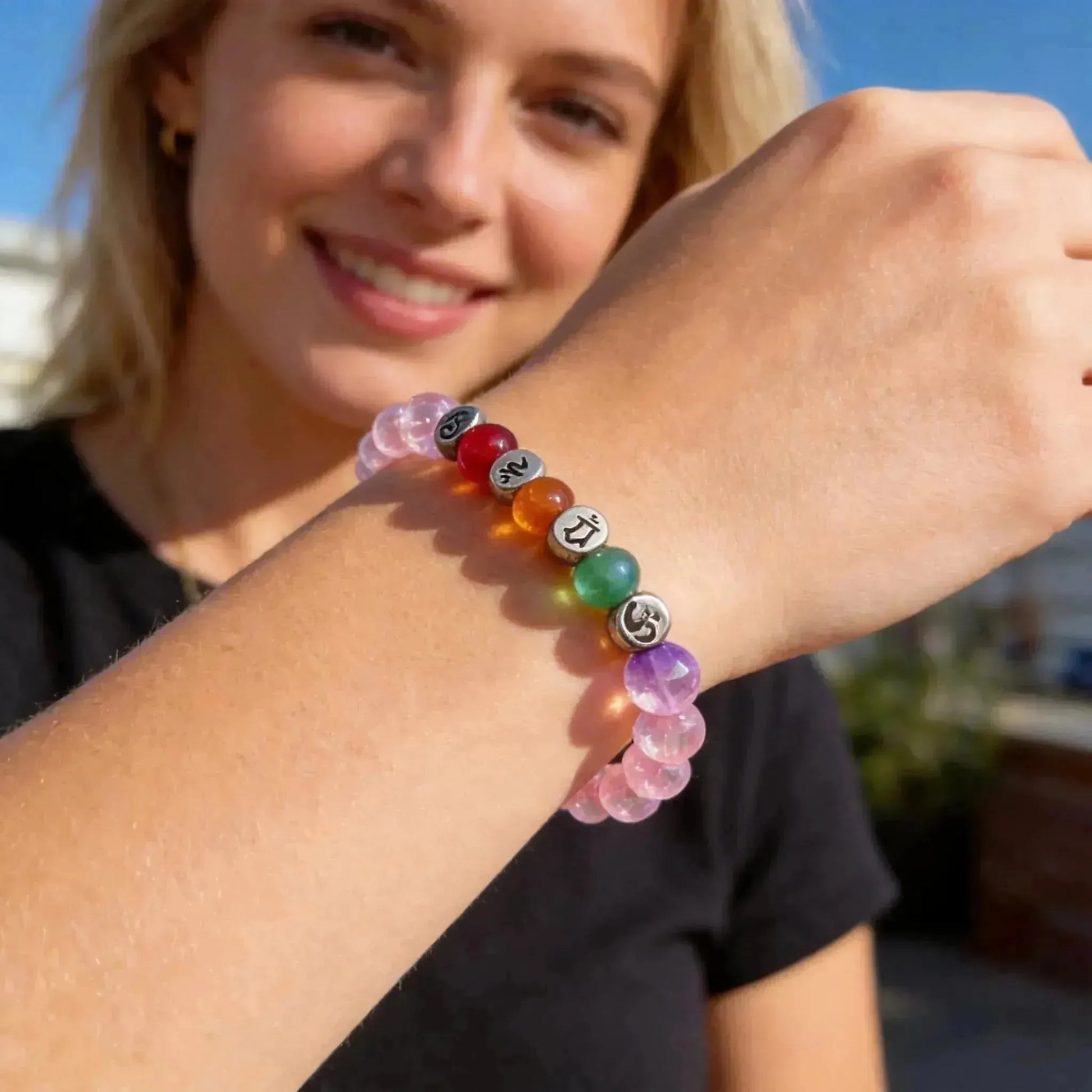CHIGROVE Natural Rose Quartz 7 Chakra Mantra Bracelet | Healing Jewelry for Meditation & Self Care - ChiGrove