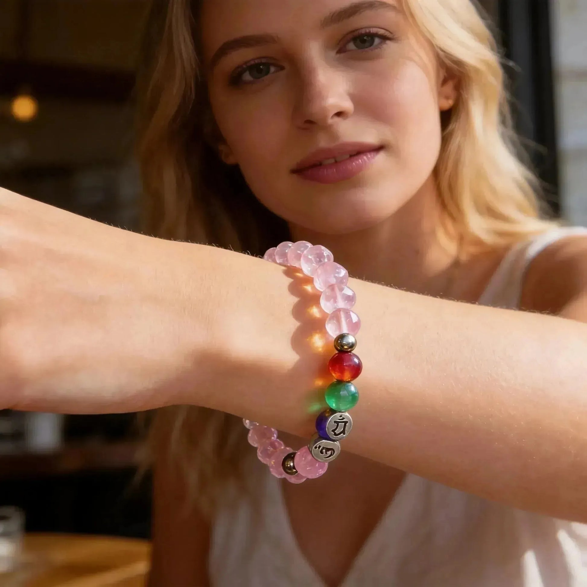 CHIGROVE Natural Rose Quartz 7 Chakra Mantra Bracelet | Healing Jewelry for Meditation & Self Care - ChiGrove