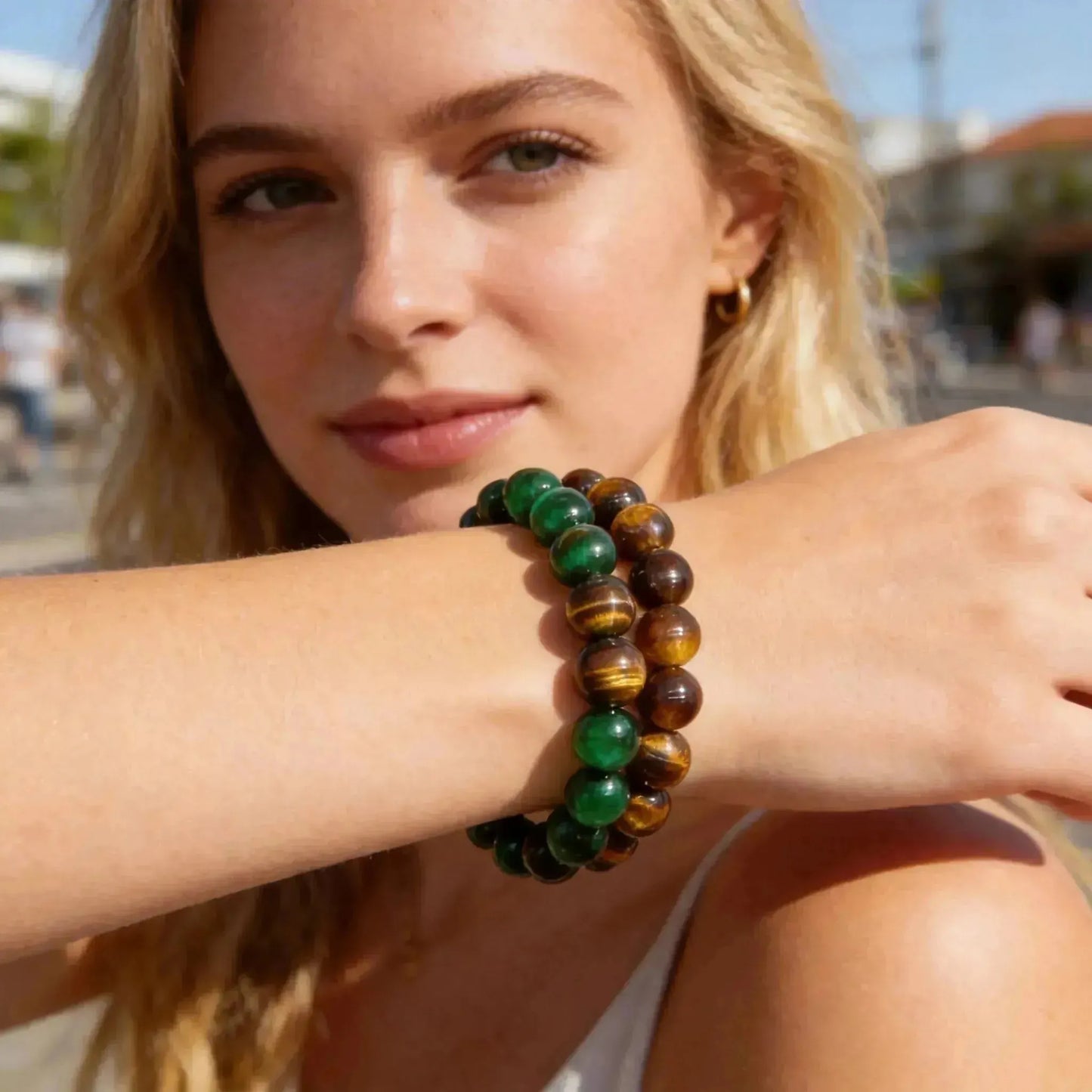 CHIGROVE Natural Green & Brown Tiger Eye Bracelet Set | Healing Crystal Jewelry for Love & Daily Wear - ChiGrove