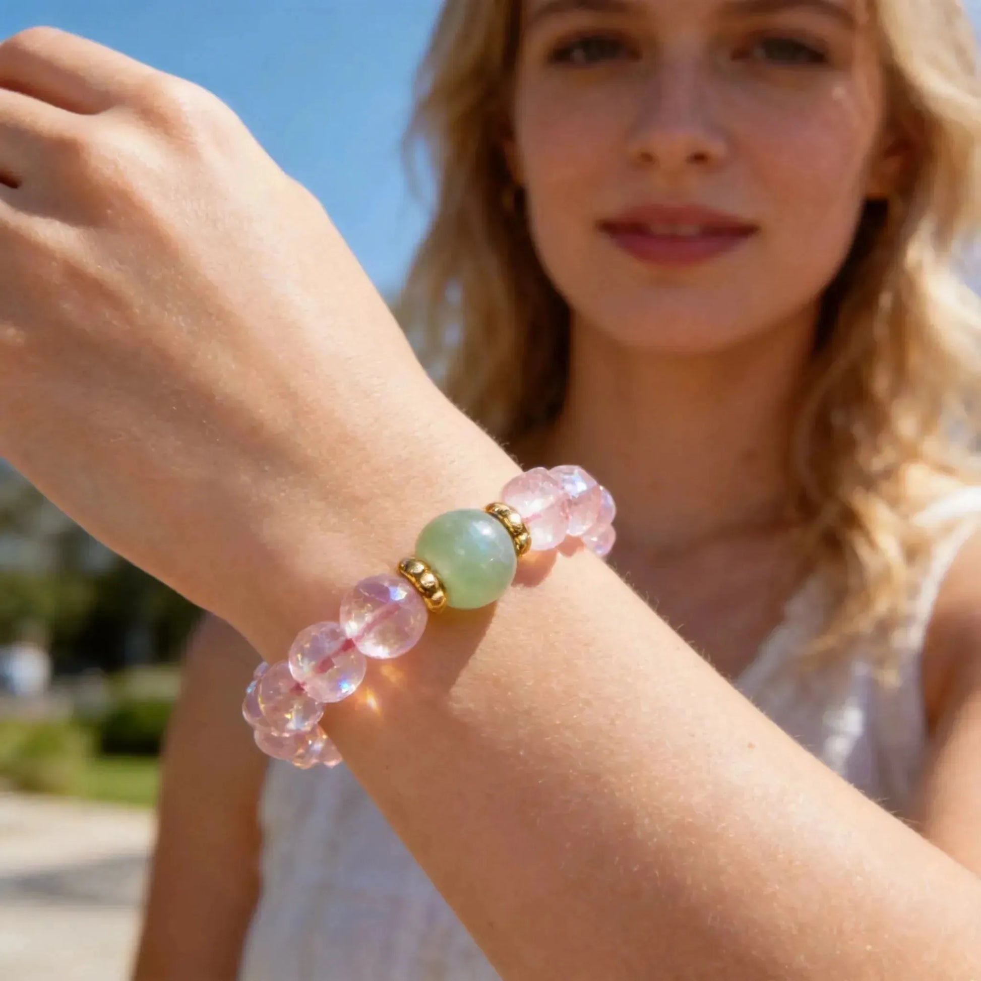 CHIGROVE Natural Rose Quartz Crystal Bracelet with Jade Accent | Healing Crystal Jewelry for Love & Daily Wear - ChiGrove