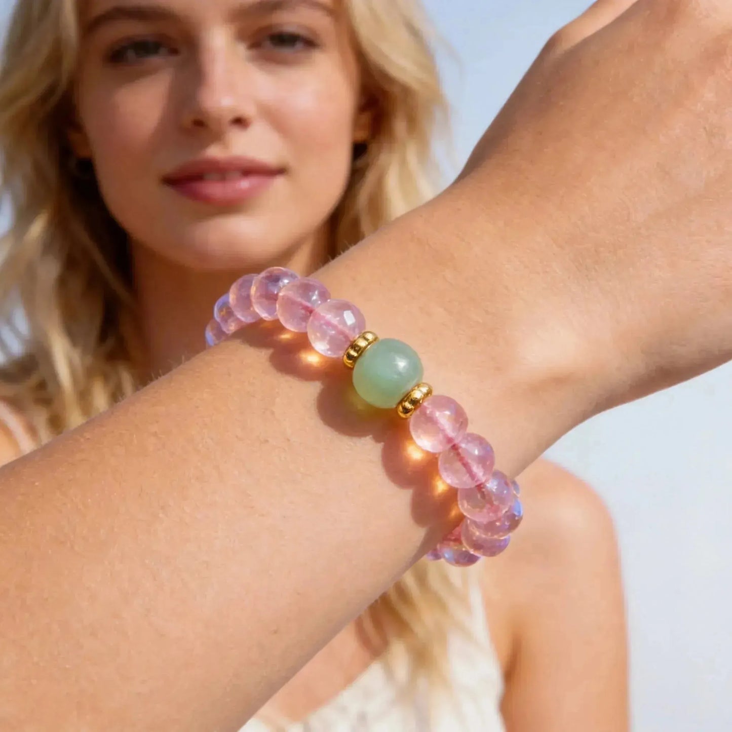 CHIGROVE Natural Rose Quartz Crystal Bracelet with Jade Accent | Healing Crystal Jewelry for Love & Daily Wear - ChiGrove